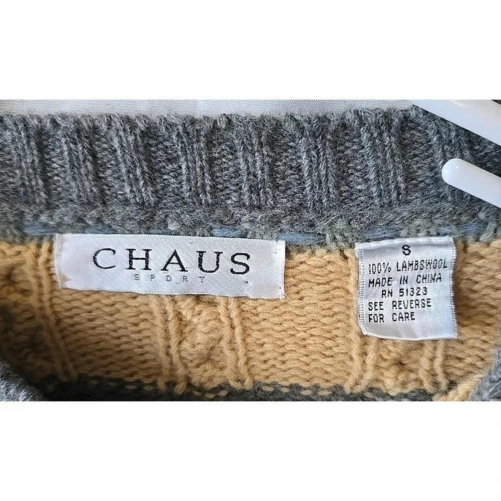 CHAUS Sport Womens S 100% Lambswool Pink Gray Yellow Stripe‎ Pullover Sweater